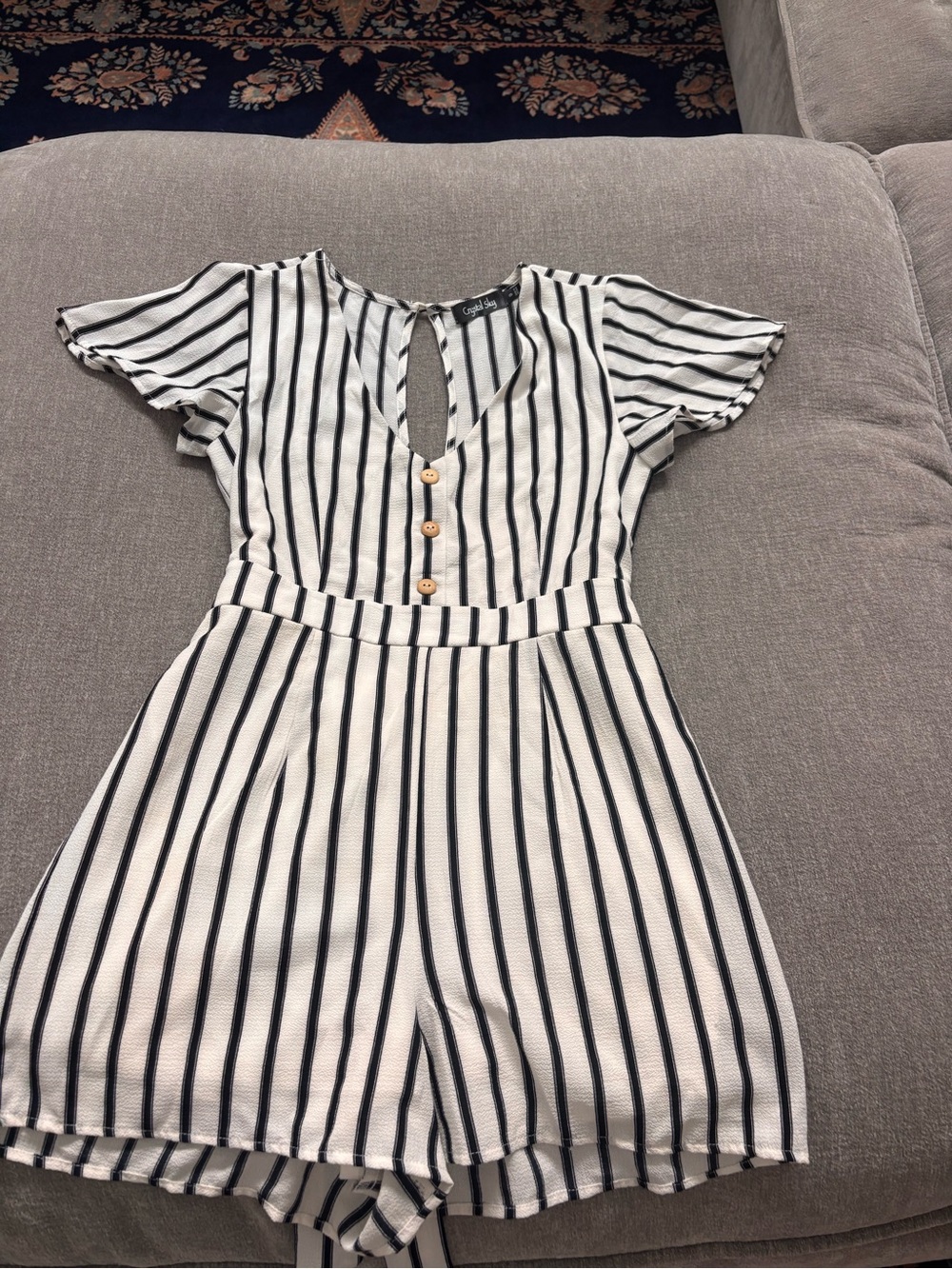 Striped White and Black Short-Sleeve Romper Bodysuit